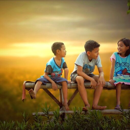 children, bench, sunset