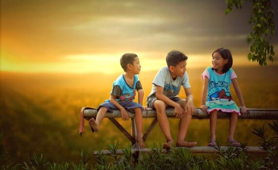 children, bench, sunset