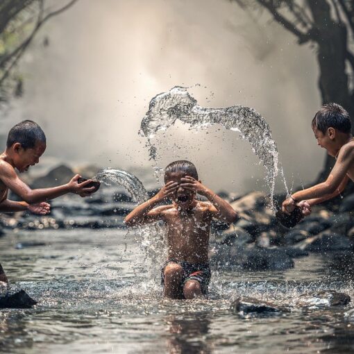 children, river, water